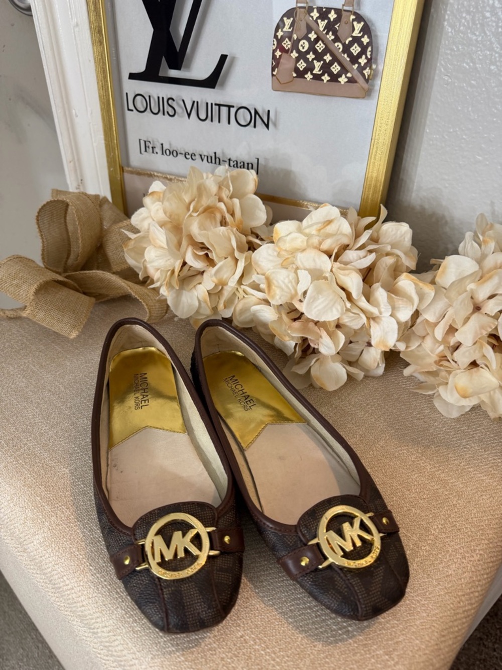 Michael Kors Brown Logo Ballet Flats with Gold MK Emblem